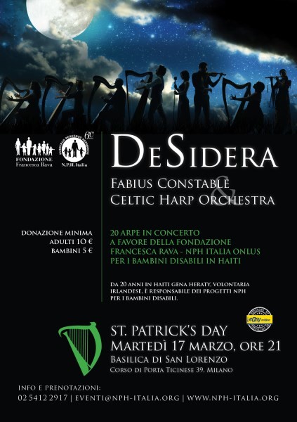 17 marzo, DeSidera-Fabius Constable & Celtic Harp Orchestra in concerto per i bambini disabili abbandonati in Haiti, in occasione della Festa di San Patrizio
