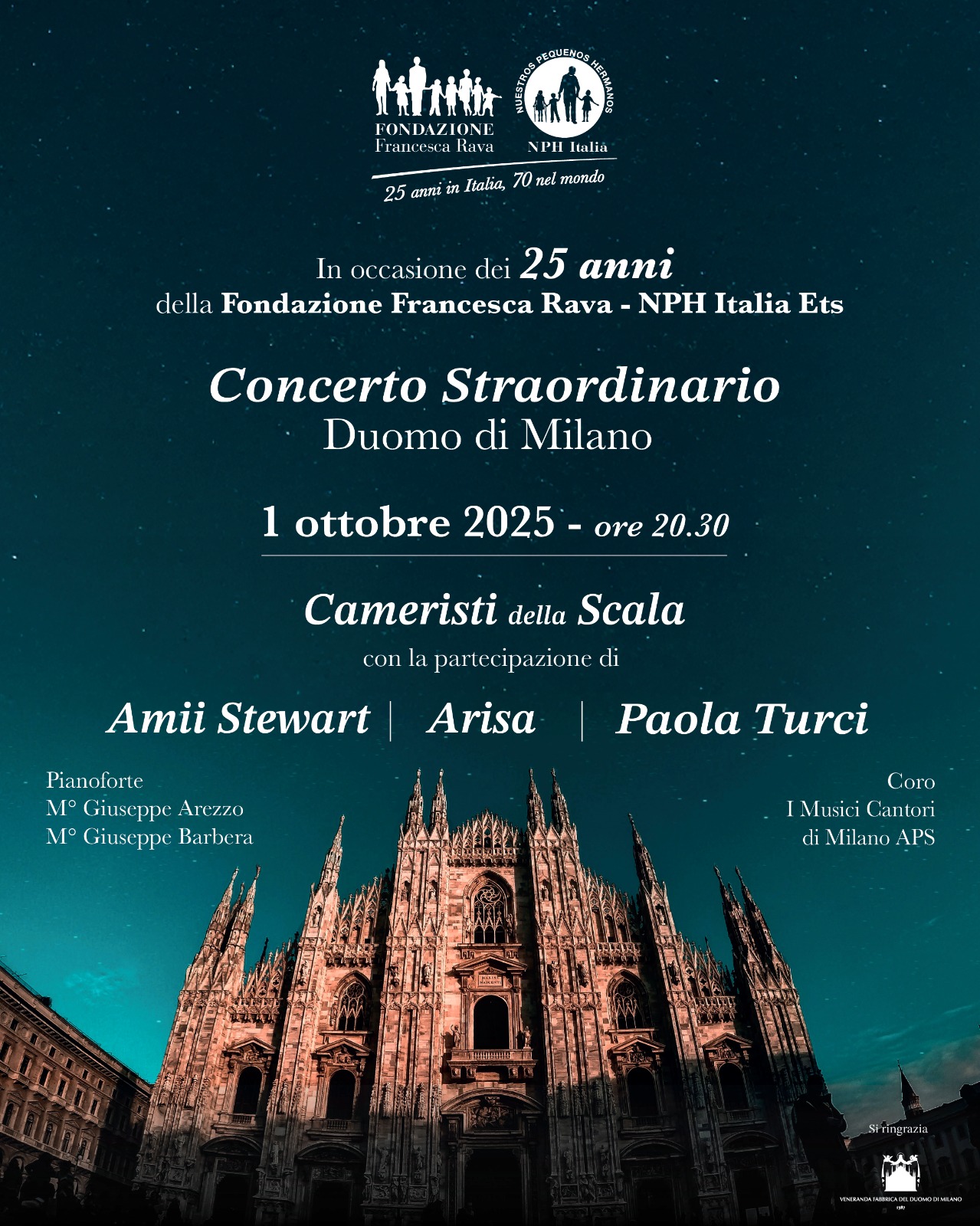 Concerto Straordinario in Duomo: Amii Stewart, Arisa, Paola Turci e i cameristi della Scala insieme per i 25 anni della Fondazione Francesca Rava